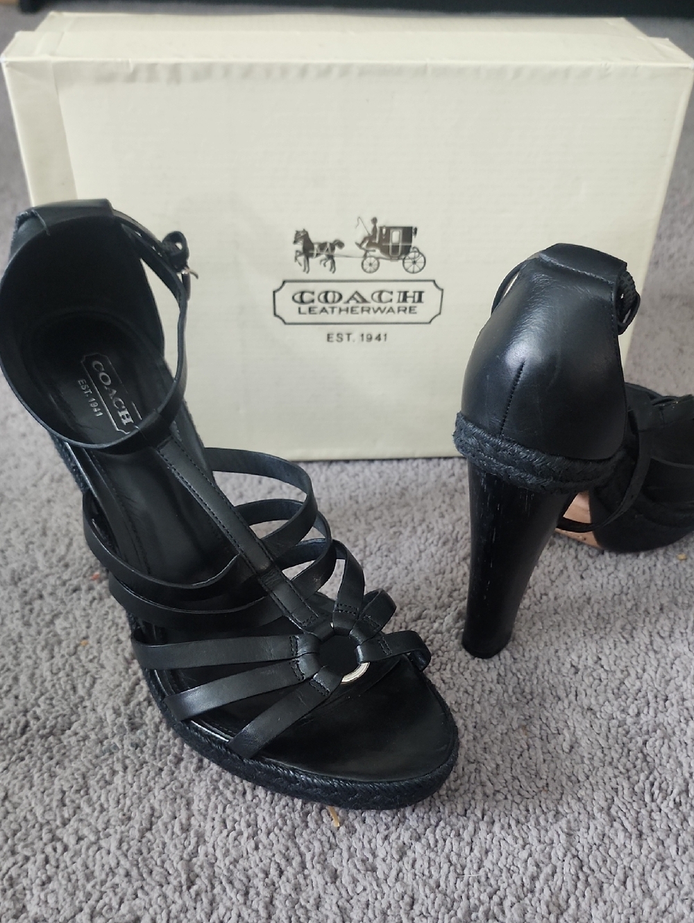 Coach Black Leather Strappy High Heel Sandals Size 9